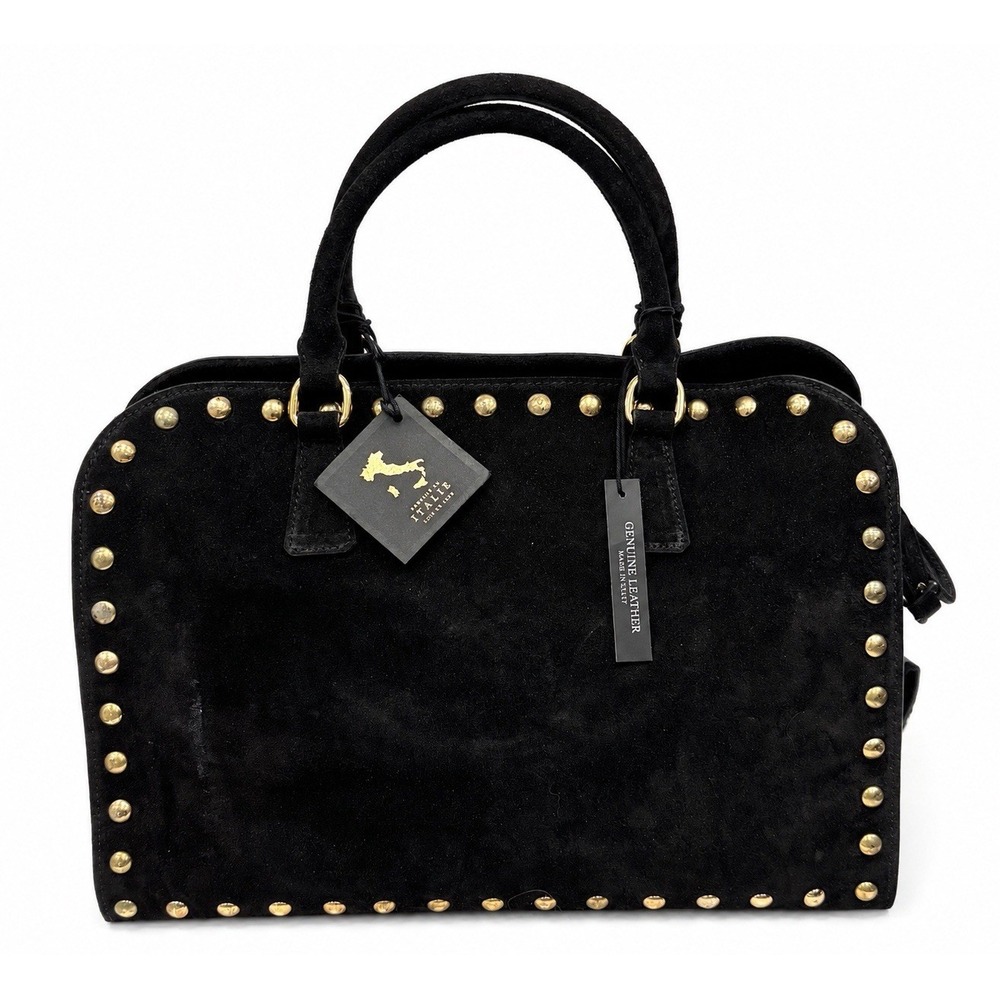 Claudia Firenze Black Suede Leather Studded Satchel Shoulder Bag Made in Italy